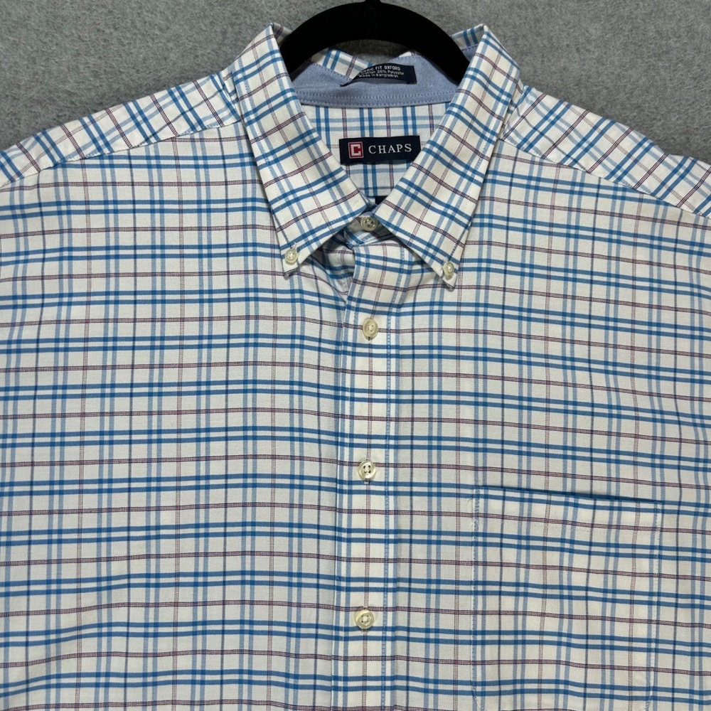 Chaps Button Down Shirt Classic Fit Oxford Mens 18-18.5 Blue Plaid Preppy